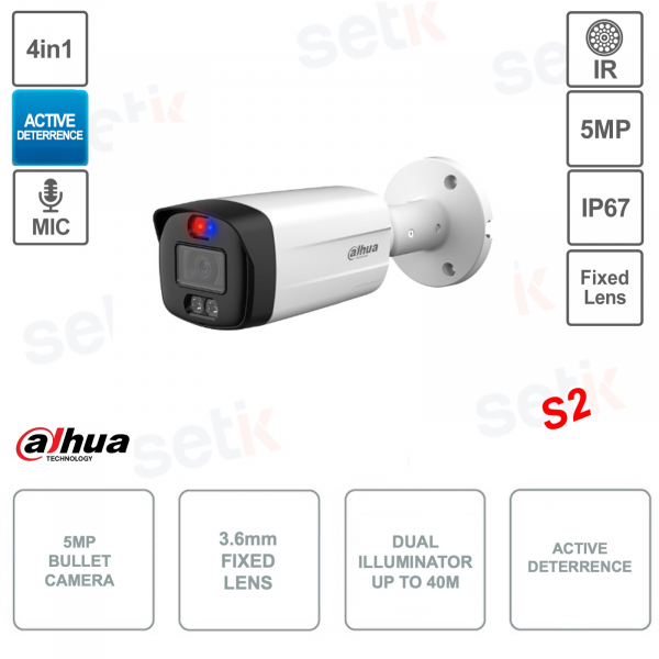 Telecamera Bullet 5MP - 4in1 - Deterrenza attiva - Ottica 3.6mm - Microfono - S2