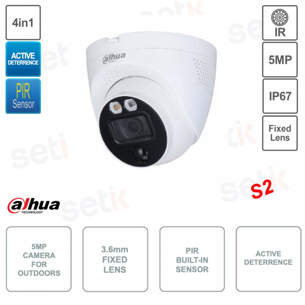 Caméra oculaire - Dissuasion active extérieure - 4 en 1 - 5 Mpx - Objectif 3,6 mm - PIR