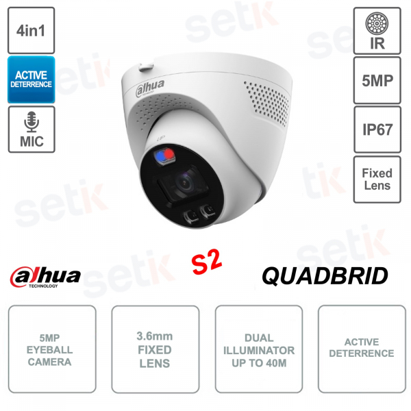 Telecamera Eyeball 5MP - 4in1 - Deterrenza attiva - Ottica 3.6mm - Microfono - S2