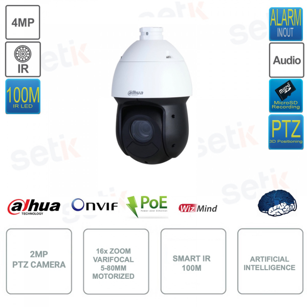 Caméra IP POE ONVIF® PTZ - 2MP - Objectif 5-80mm - Zoom 16x - Intelligence Artificielle