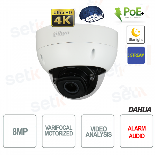 Telecamera Da Esterno Videosorveglianza IP PoE Dahua 4K Dome 8 Mpx Wizmind IR AI IVS Allarme