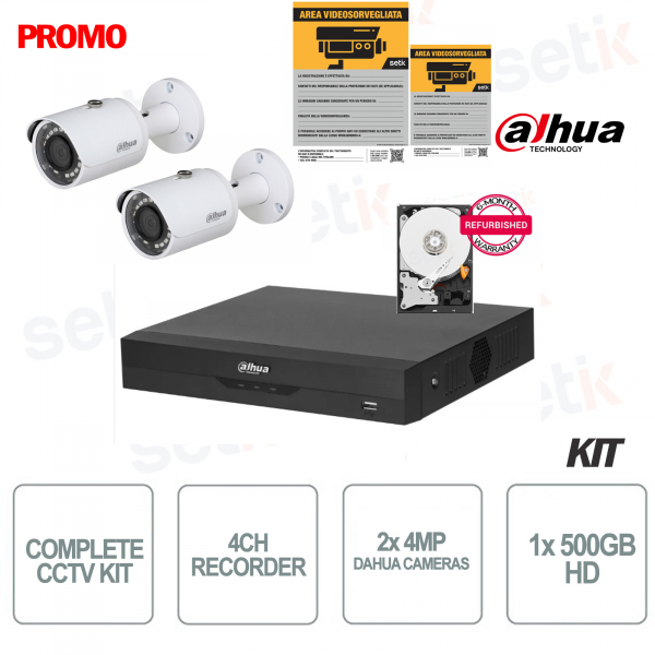 Complete Video Surveillance Kit 4 DVR Channels + 2 Dahua Outdoor Cameras 4 mpx + Professional Home HD