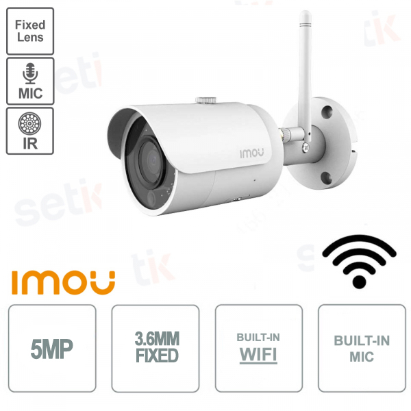 Telecamera Bullet IP ONVIF® WIFI - Ottica 3.6mm - 5MP - Da esterno - Scocca in metallo - Microfono