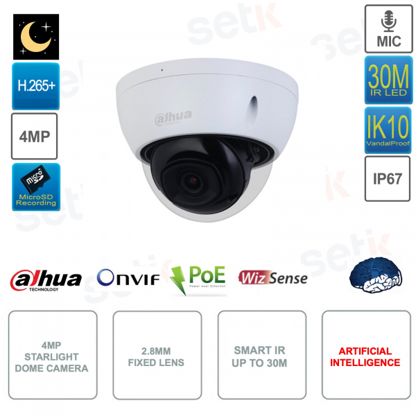 4MP IP POE ONVIF® dome camera - 2.8mm lens - Smart IR 30m - Artificial intelligence