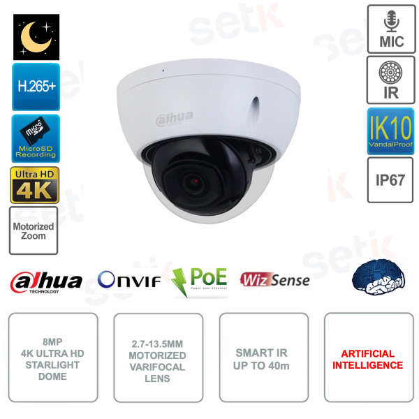 8MP 4K IP POE ONVIF® dome camera - 2.7-13.5mm lens - IR 40m - Artificial intelligence