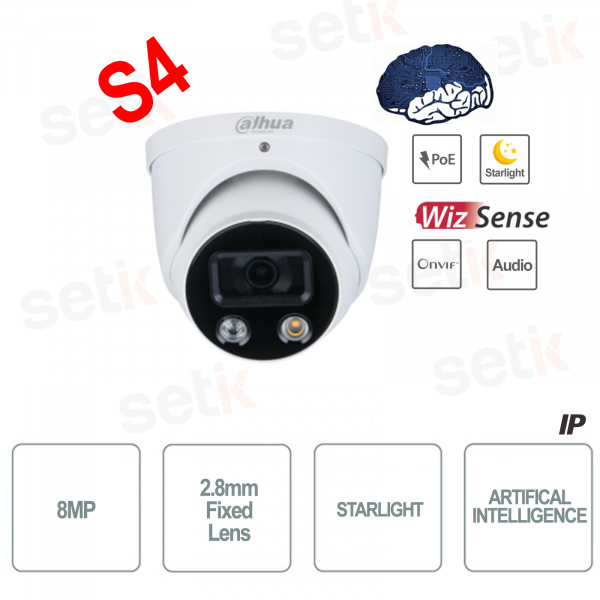 Caméra IP AI ONVIF® PoE 8MP Objectif fixe Analyse vidéo couleur S4 - Wizsense