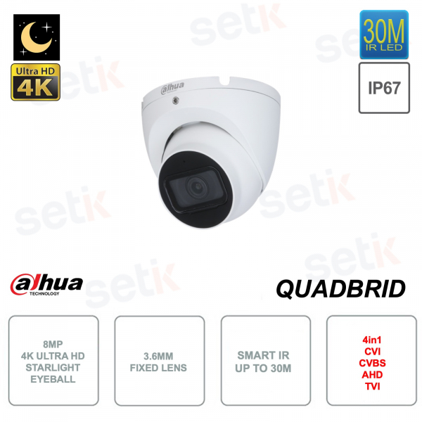 4K 8MP Eyeball-Kamera - 3,6-mm-Objektiv - 4in1 - Smart IR30m - IP67 für den Außeneinsatz