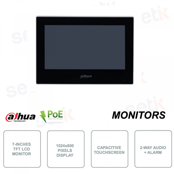 Moniteur intérieur 7 pouces LCD TFT - 1024x600 - IP POE - Haut-parleur - Alarme