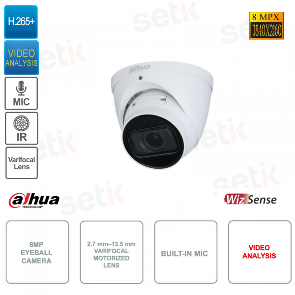 Telecamera IP POE ONVIF® Eyeball 8MP - 2.7 mm–13.5 mm - Video Analisi - IR 40m