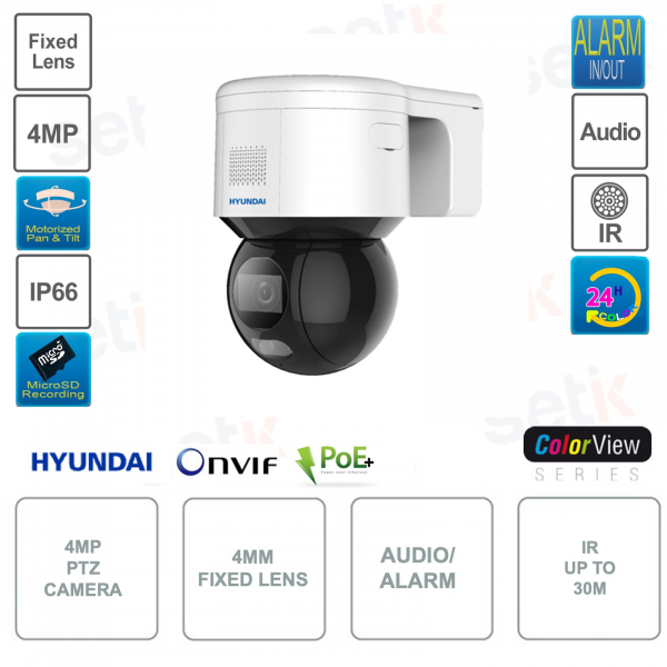 IP POE ONVIF® PTZ 4MP-Kamera - 4 mm fest - IP66 - IR 30 m - ColorView
