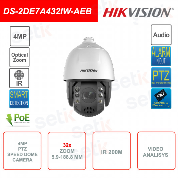 Caméra IP PTZ Speed Dome POE 4MP - 5,9-188,8 mm - Zoom 32x - Analyse vidéo