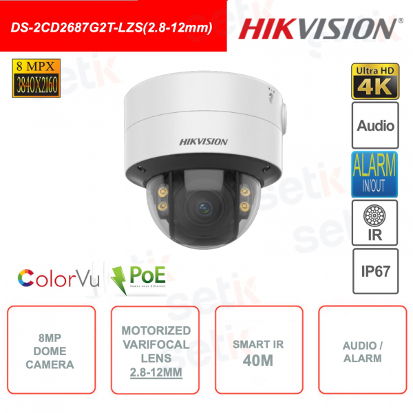 Caméra dôme extérieure IP POE 8MP - 2.8-12mm - Analyse vidéo