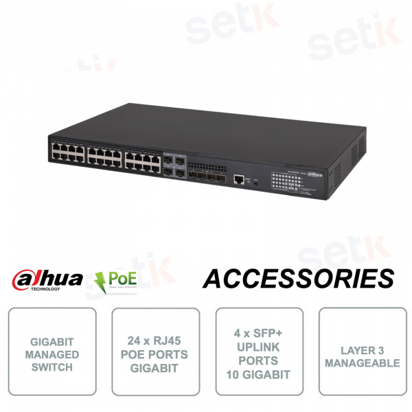 Switch di rete Layer 3 Gestionabile - 24 Porte POE 1000M - 4 porte SFP+ 10Gigabit