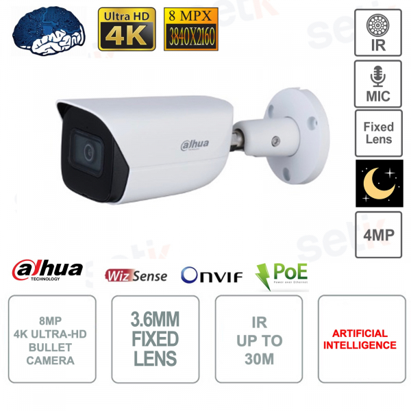 Cámara Bullet 8MP 4K IP PoE ONVIF® - Lente 3.6mm - IR 30m - Inteligencia Artificial - Alarma de Evento - Micrófono