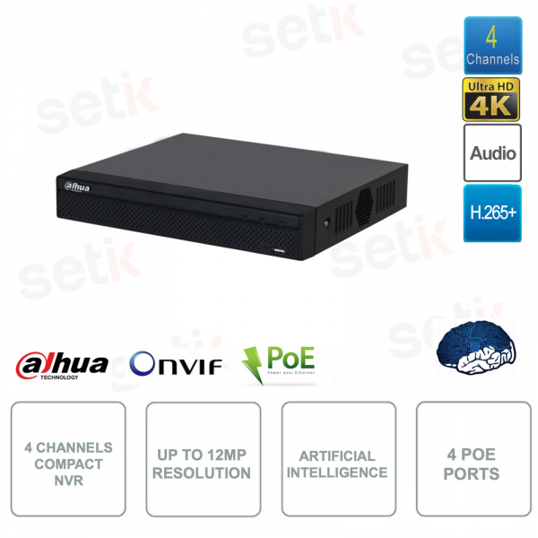 NVR IP POE ONVIF® 4 channels - Up to 12MP - Artificial intelligence - S3