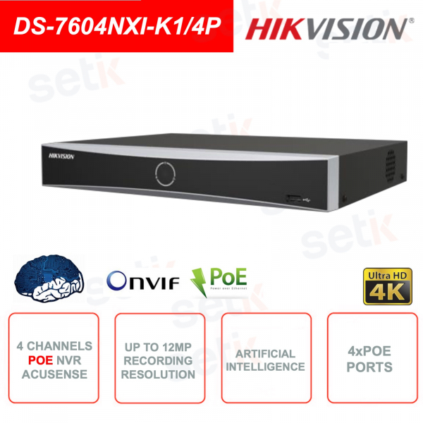 NVR IP ONVIF® 4 canales Hikvision AcuSense - Inteligencia artificial - HASTA 12MP