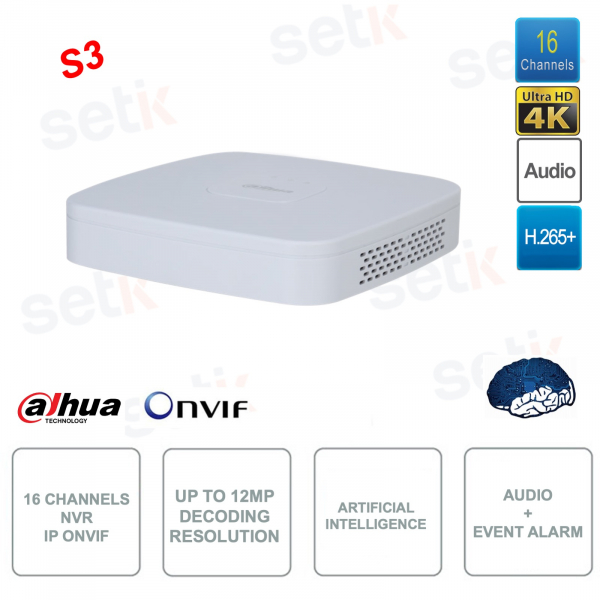 NVR 16 canali IP ONVIF® - Intelligenza artificiale - Fino a 12MP - Versione S3