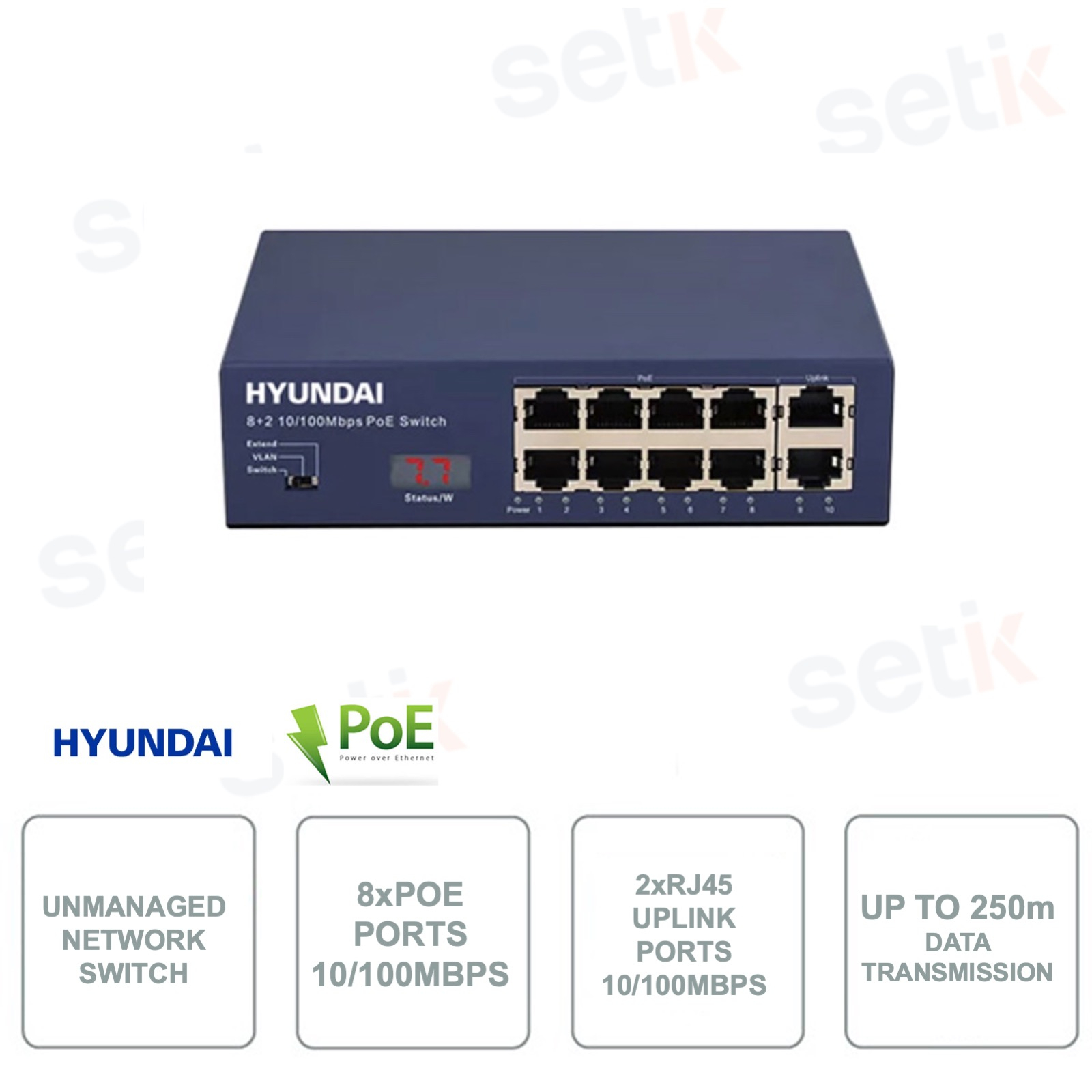HYU-263N - Commutateur réseau non géré - 8 ports PoE et 2 ports RJ45 pour  la liaison montante 