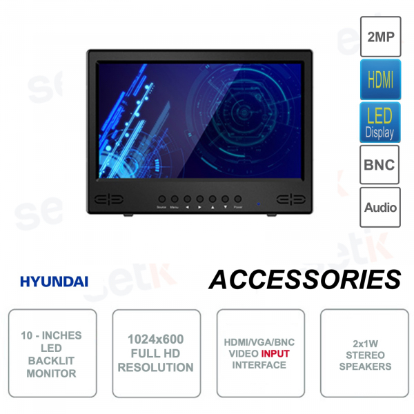 Monitor LED - 10 pulgadas - 1024x600 - HDMI - 2x BNC - VGA - Altavoces estéreo - 12ms