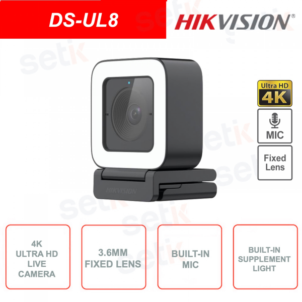 Web Camera 4K 8MP Ultra-HD - Microfono - Luce supplementare integrata