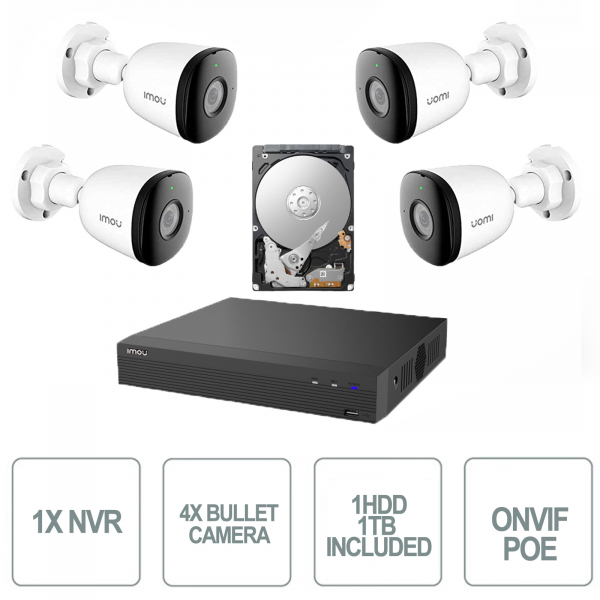 Imou Kit – 4x 2MP Bullet Kameras + 1x IP NVR 4 Onvif PoE Kanäle + 1 TB HDD