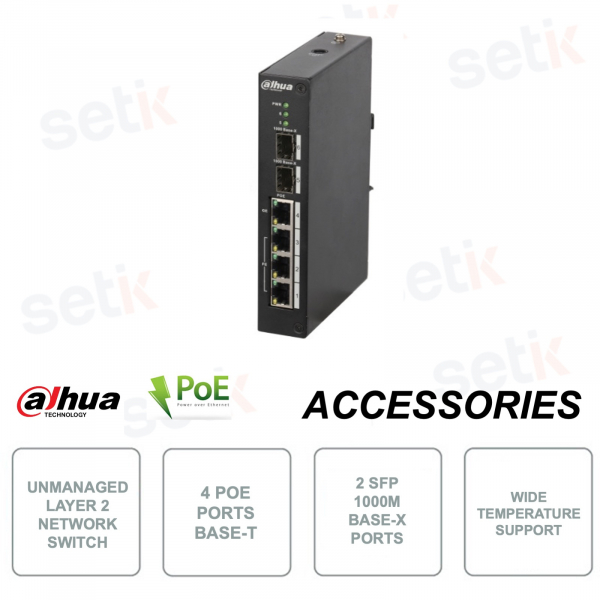 Switch di rete PoE - Layer 2 non gestito - 4 Porte PoE Base-T - 2 Porte SFP