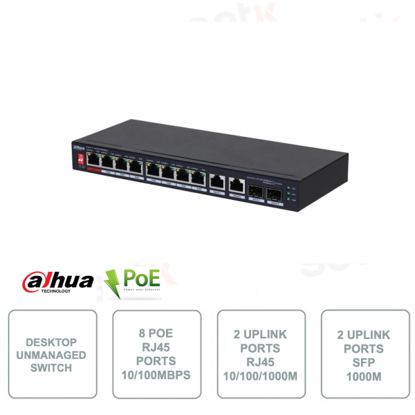 Switch di rete - 8 porte PoE RJ45 - 2 porte SFP e 2 porte RJ45 Combo Uplink