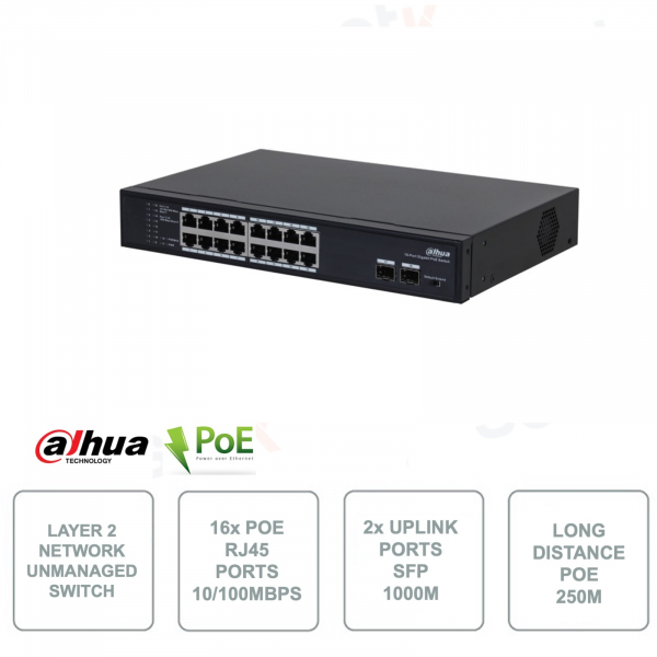 Network switch - 16 PoE ports - 2 SFP Uplink ports