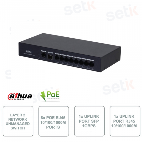 Switch di rete - Layer 2 non gestito - 8 porte PoE - 1 porta RJ45 - 1 porta SFP