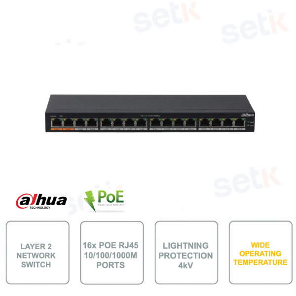 Conmutador de red - Capa 2 no administrada - 16 puertos PoE 10/100/1000Mbps