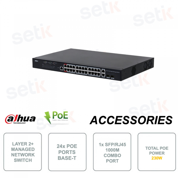 Conmutador de red - Administrado - Capa 2 Plus - 24 puertos Ethernet POE - 2 puertos combinados de enlace ascendente Gigabit