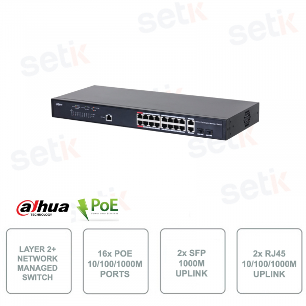 Conmutador de red - 16 puertos PoE - 2 puertos SFP Uplink - 2 puertos RJ45 Uplink