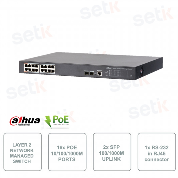Switch di rete - 16 porte PoE - 2 Porte SFP Uplink - 1 RS232 su connettore RJ45