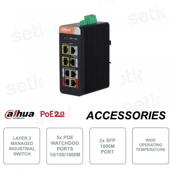 Switch di rete industriale - 5 porte PoE Watchdog 10/100/1000Mbps + 2 porte SFP 1000M