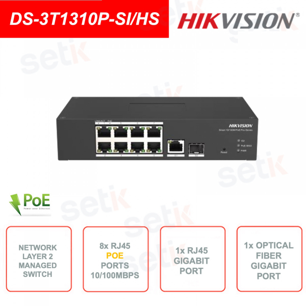 Layer 2 managed network switch - 8 RJ45 10/100Mbps PoE ports - 1 Gigabit RJ45 port - 1 Gigabit fiber optic port