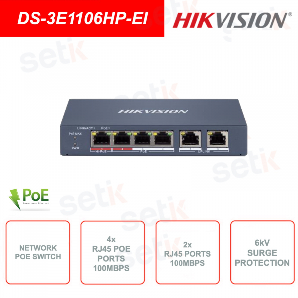 Switch di rete gestito - 4 porte PoE RJ45 100Mbps - 2 porte uplink 100Mbps RJ45