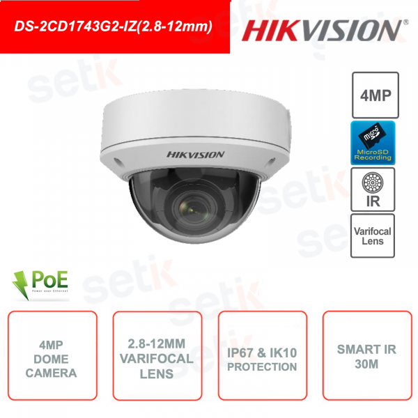 Caméra extérieure IP POE Dome 4MP - varifocale 2.8-12mm - Smart IR 30m