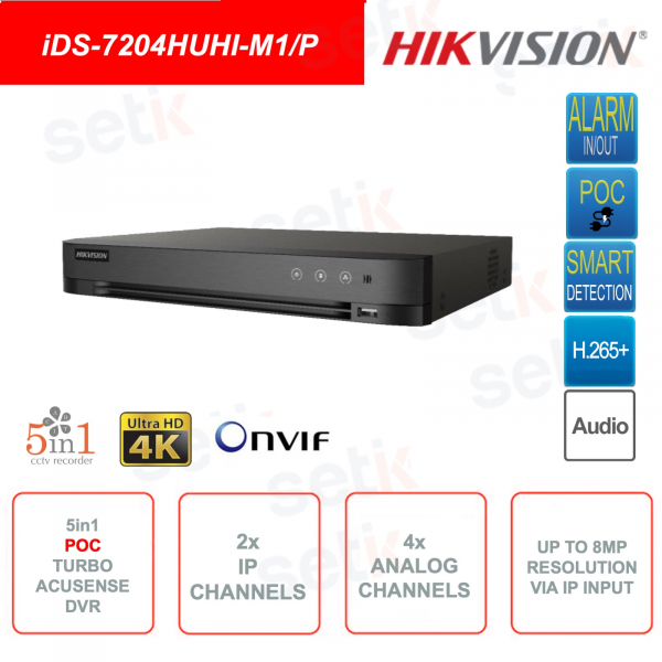 DVR IP POC ONVIF® 5in1 - 8MP 4K - 2 canali IP - 4 canali analogici - Video Analisi
