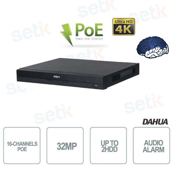 NVR IP 16 Canali PoE 32MP 4K AI 384Mbps 2HDD WizSense EI Dahua