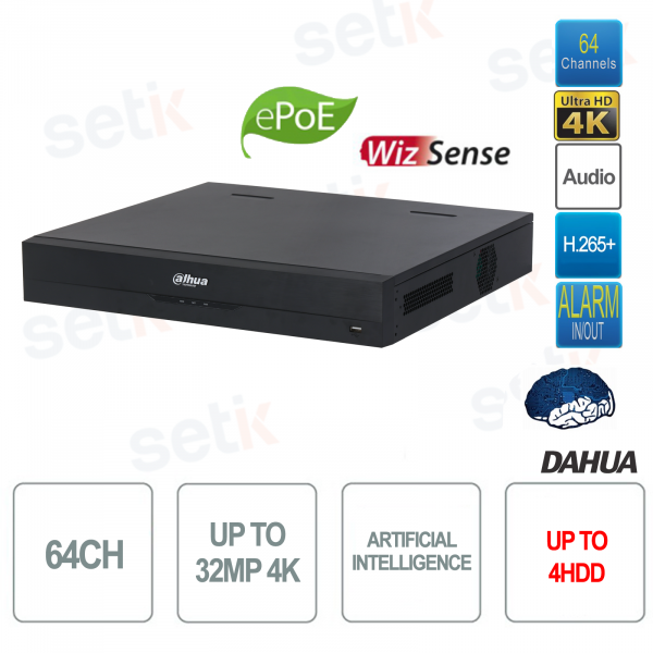 NVR IP 64 Canali 16 Porte PoE 32MP 4K Registratore di Rete AI 384Mbps 4HDD WizSense EI Dahua
