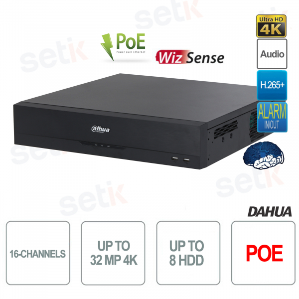 NVR IP 16 Canali 32MP 16 Canali PoE 4K Registratore di Rete AI 384Mbps 8HDD WizSense EI Dahua