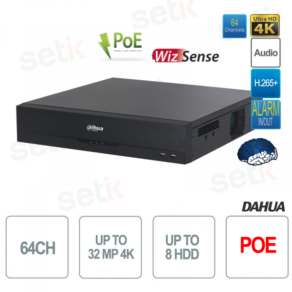 NVR Onvif PoE IP 64 Canali 32MP 4K Registratore di Rete AI 384Mbps 8HDD WizSense EI Dahua