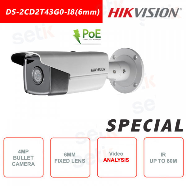 IP PoE Bullet Camera - 4MP - 6mm fixed lens - IR 80m - Video Analysis