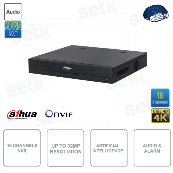 NVR IP ONVIF - 16 canali - Fino a 32MP - Intelligenza artificiale - Audio - Allarme