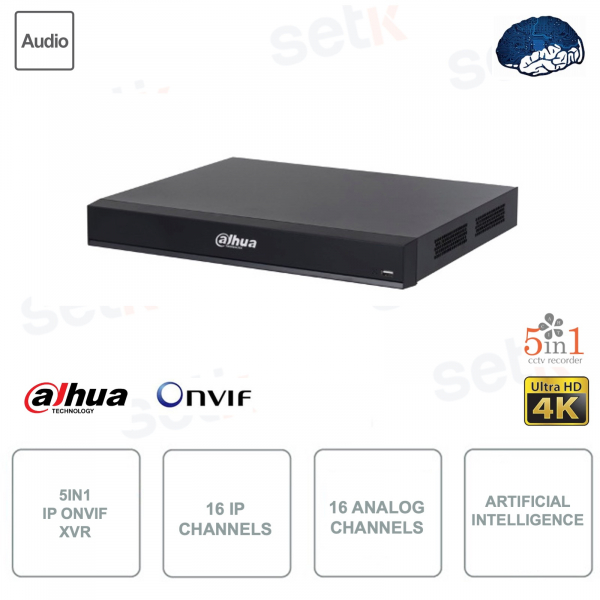 XVR IP ONVIF - 5en1 - 4K Ultra HD - 16 canales IP y 16 canales analógicos - Audio - Inteligencia artificial