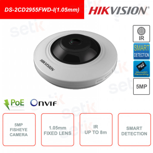 Caméra de vidéosurveillance Fisheye IP POE ONVIF 5MP - Objectif fixe 1.05mm - Analyse Vidéo - IR 8m