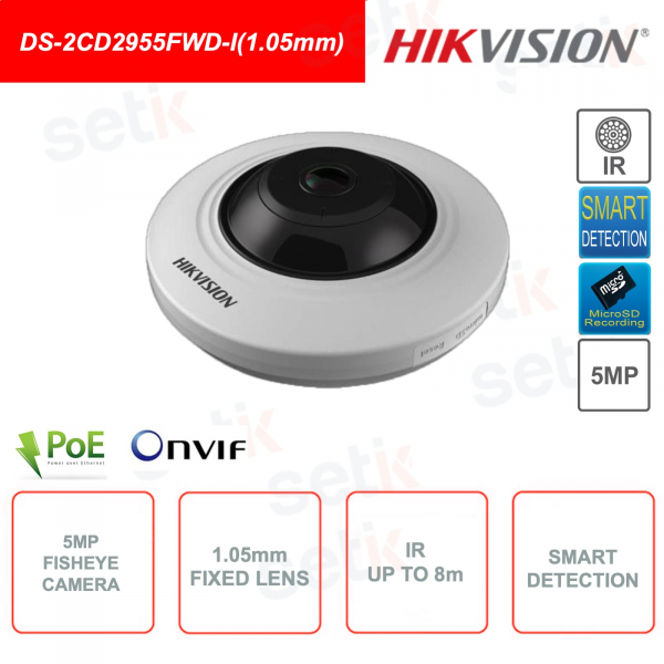 Fisheye IP POE ONVIF 5MP video surveillance camera - 1.05mm fixed lens - Video Analysis - IR 8m