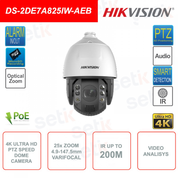 Caméra Speed Dome IP POE PTZ - Objectif 5,9-147,5 mm - Zoom 25x - 8MP 4K - IR 200m