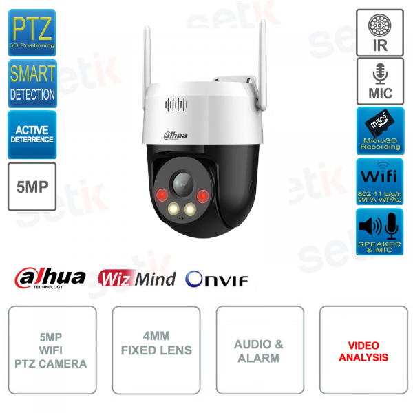 Caméra 5MP IP ONVIF PT - Objectif 4mm - WiFi - Dissuasion active - Analyse vidéo - S2