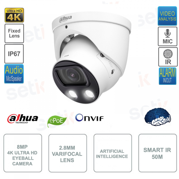 Caméra Eyeball IP POE ONVIF - 8MP 4K - Objectif fixe 2.8mm - Intelligence Artificielle - Full Color